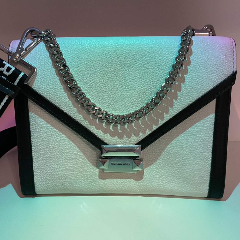 MICHAEL KORS Black & White (B&W) Leather Crossbody Handbag with Silver Hardware - Picture 2 of 11